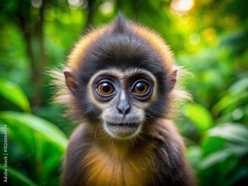 Captivating Baby Macaca Nigra Gazing at the Camera in Panoramic View Captivating Baby Macaca Nigra Gazing at the Camera in Panoramic View