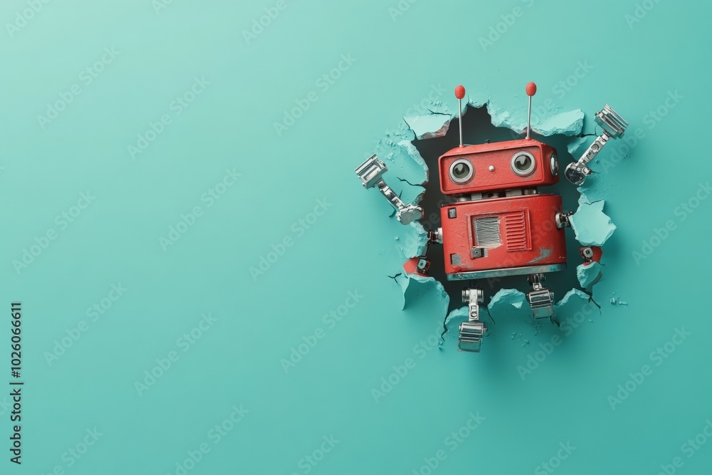 A charming red retro robot breaks through a turquoise wall, combining nostalgia with futuristic elements, creating an engaging and humorous visual effect.