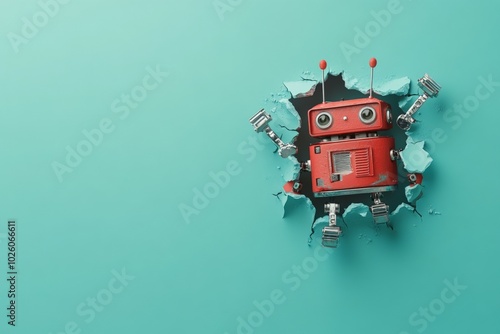 Obraz na płótnie A charming red retro robot breaks through a turquoise wall, combining nostalgia with futuristic elements, creating an engaging and humorous visual effect. w salonie