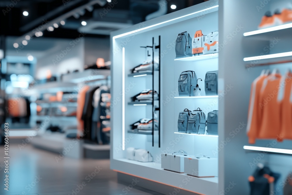 This sleek image shows a modern retail space, featuring a variety of stylish bags and accessories under clean lighting, representing commercial elegance and design. This sleek image shows a modern retail space, featuring a variety of stylish bags and accessories under clean lighting, representing commercial elegance and design.