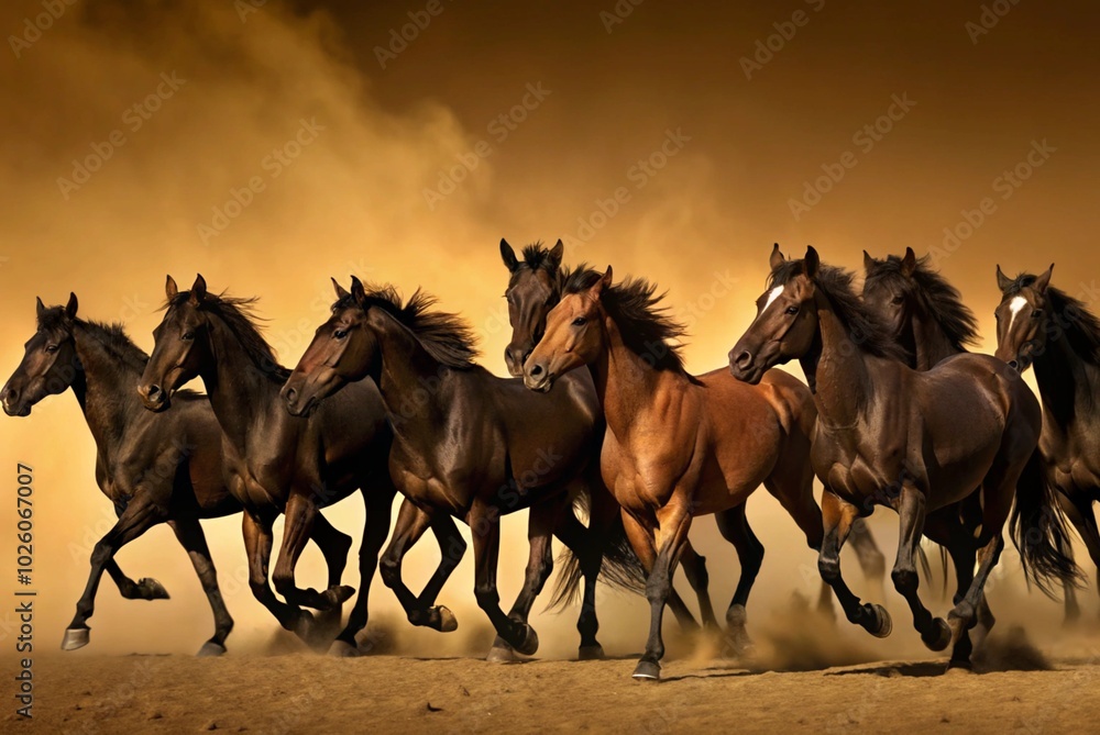 Illustrate a peaceful scene of a herd of wild horses running freely across an open field, dust rising beneath their hooves.
Illustrate a peaceful scene of a herd of wild horses running freely across an open field, dust rising beneath their hooves.