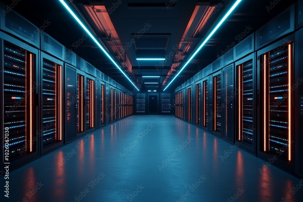 Fototapeta premium A long, futuristic server corridor, aglow with neon blue lighting, showcases cutting-edge technology advancements in a high-security digital environment.
