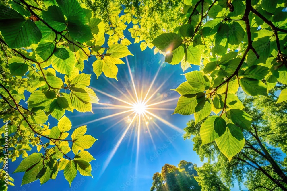 Obraz premium Golden sunlight filters through vibrant leaves, creating a stunning contrast against a tranquil blue sky, showcasing the serene beauty of nature's harmonious embrace.