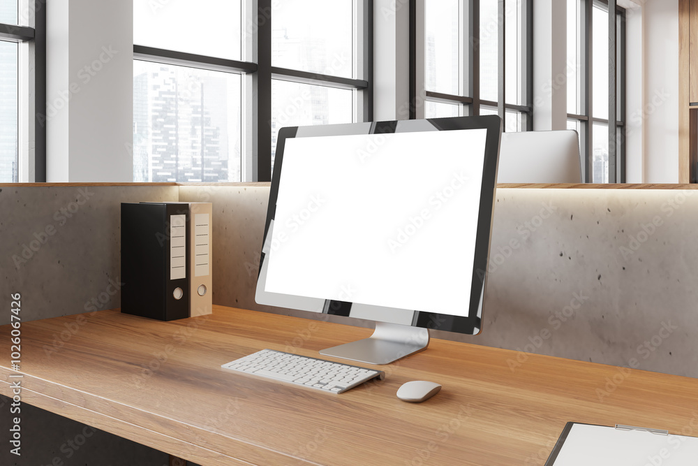 Office coworking interior with pc computer on table with mockup display, window Office coworking interior with pc computer on table with mockup display, window