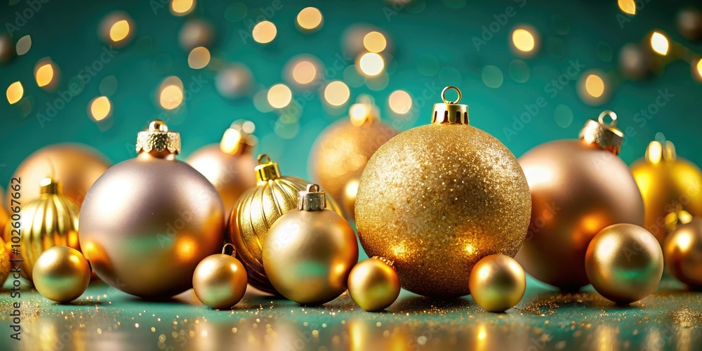 Gorgeous gold and champagne holiday baubles beautifully arranged on a vibrant teal backdrop, crafting an elegant scene that captures the essence of festive celebrations. Gorgeous gold and champagne holiday baubles beautifully arranged on a vibrant teal backdrop, crafting an elegant scene that captures the essence of festive celebrations.