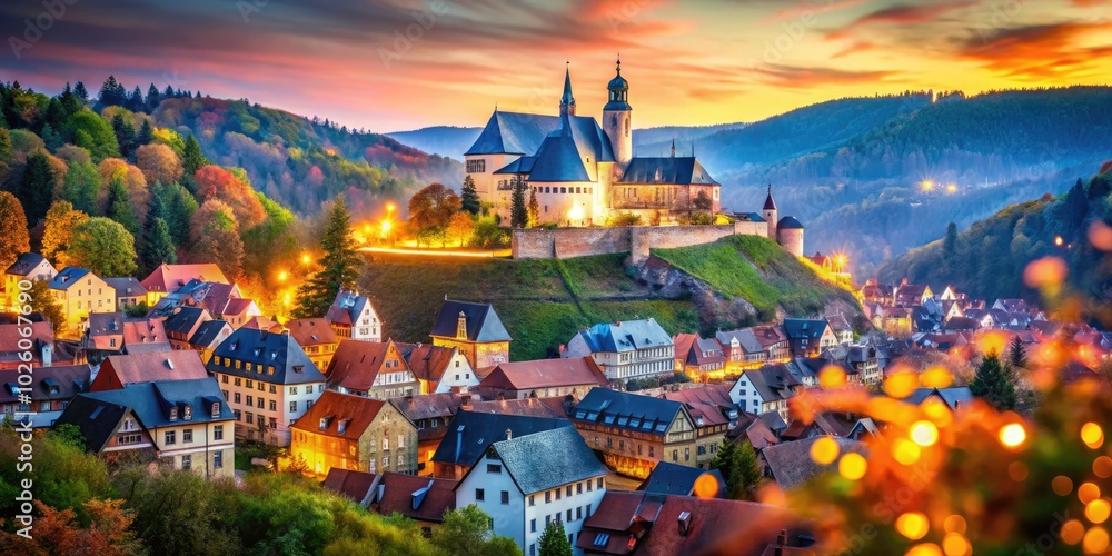 Fototapeta premium Gorgeous panoramic scene of Stolberg in the Harz Mountains, presenting a beautiful blend of ancient architecture and serene natural surroundings in one breathtaking view.