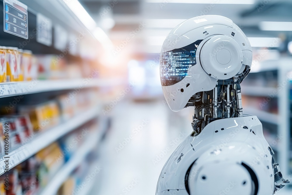 A sleek, white robot with a digital display screen navigates through a brightly lit grocery store aisle, showcasing advanced technology and AI interaction. A sleek, white robot with a digital display screen navigates through a brightly lit grocery store aisle, showcasing advanced technology and AI interaction.