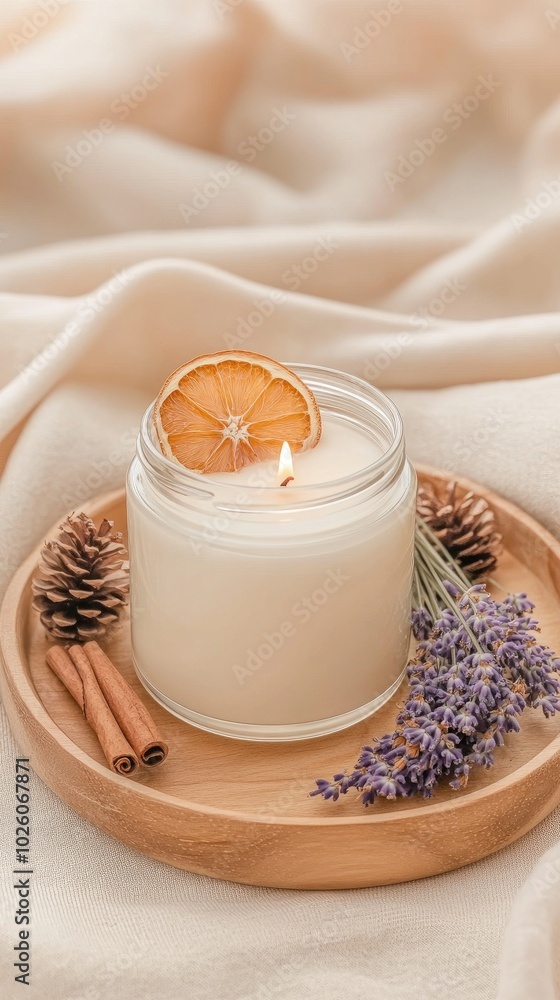 A rich brown candle burns softly in an elegant jar, surrounded by dried orange slices, pine cones, and lavender, creating a warm and inviting atmosphere A rich brown candle burns softly in an elegant jar, surrounded by dried orange slices, pine cones, and lavender, creating a warm and inviting atmosphere