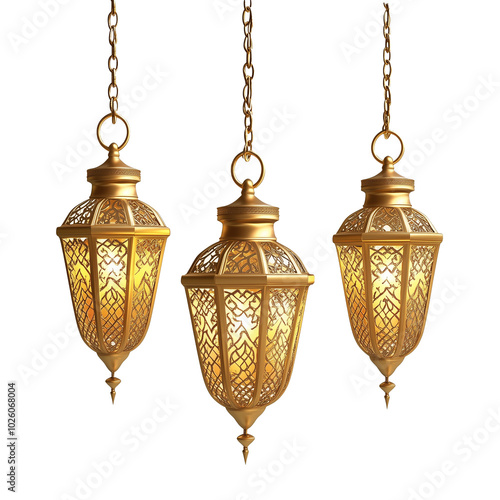 Golden arabic ramadan lantern hanging isolated on transparent background