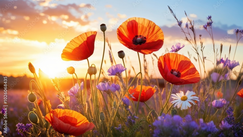 Obraz premium A vibrant field of poppies and wildflowers at sunset, showcasing nature's beauty.