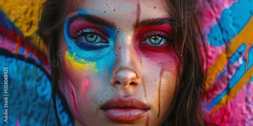 Unveiling Her Layers of a Painted Portrait, The Multicolored Muse Faces in Motion