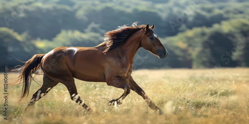 Side view of a horse galloping in a field.