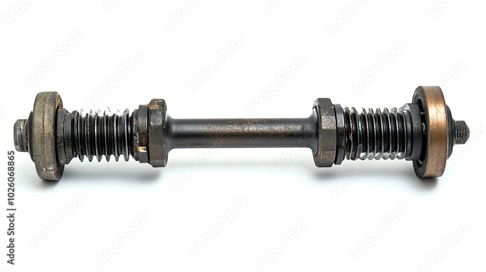 Fototapeta premium A close-up shot of a bicycle axle with nuts and bearings, isolated on a white background.