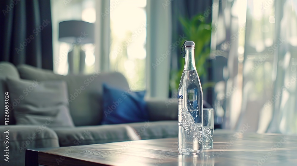 Pure fresh drinking water is poured from a bottle on the living room table Pure fresh drinking water is poured from a bottle on the living room table