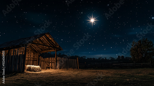 A tranquil Christmas Eve night with a stable under a starry sky and bright guiding star