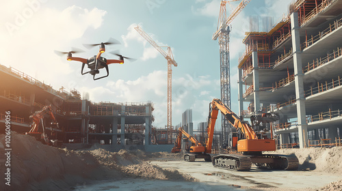 Generative AI, Smart Construction Site with Drone Surveillance and Robotic Arm Assembly
 photo