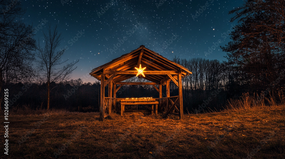 Obraz premium A peaceful Christmas Eve setting with a wooden shelter under starlit sky in a natural landscape