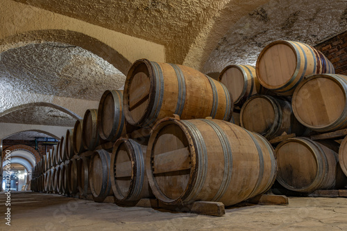 Old vineyard in Croatia, wooden barrels with wine photo