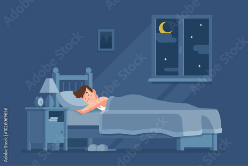 A serene scene shows a child nestled in bed, enjoying a peaceful sleep. The softly lit room features a window revealing a crescent moon and twinkling stars.
