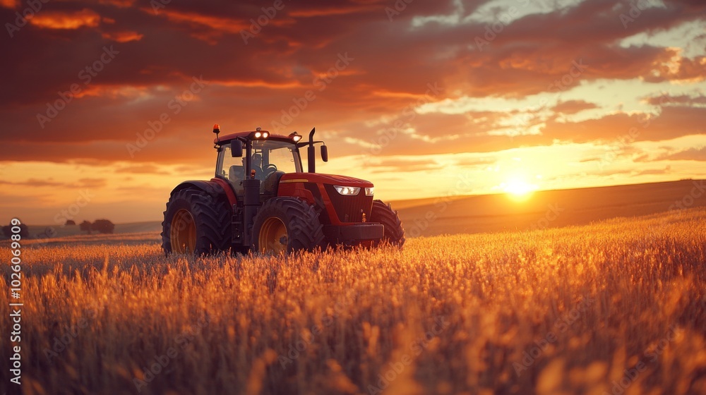 Fototapeta premium Tractor at Sunset in Golden Field