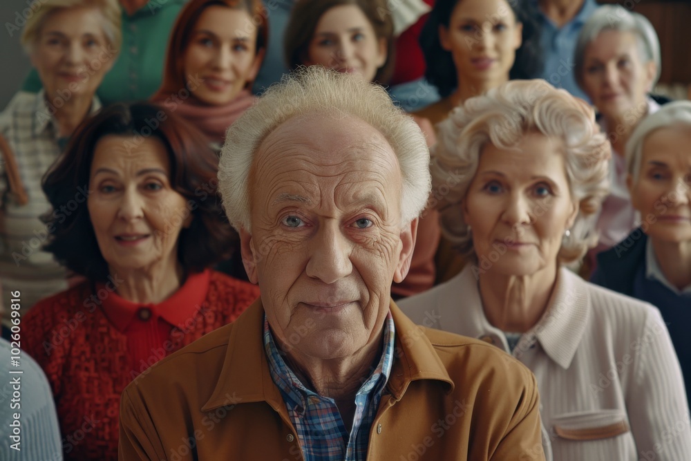 Happy senior man in front of a group of elderly people, close up Happy senior man in front of a group of elderly people, close up
