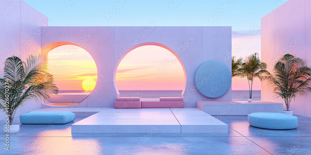 Fototapeta premium A minimal terrace with arches framing a sunset and palm trees.