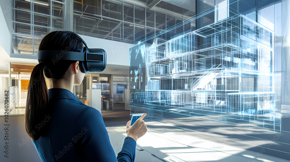 Fototapeta premium Generative AI, Virtual Reality Walkthrough of a BIM Model: Experience Building Design 