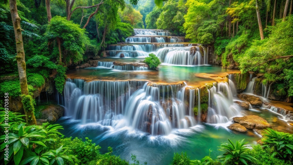 Huai Mae Khamin waterfall presents a stunning scene as it rushes through lush jungles, embodying the tranquil beauty and diverse ecosystem of Thailand's wilderness. Huai Mae Khamin waterfall presents a stunning scene as it rushes through lush jungles, embodying the tranquil beauty and diverse ecosystem of Thailand's wilderness.
