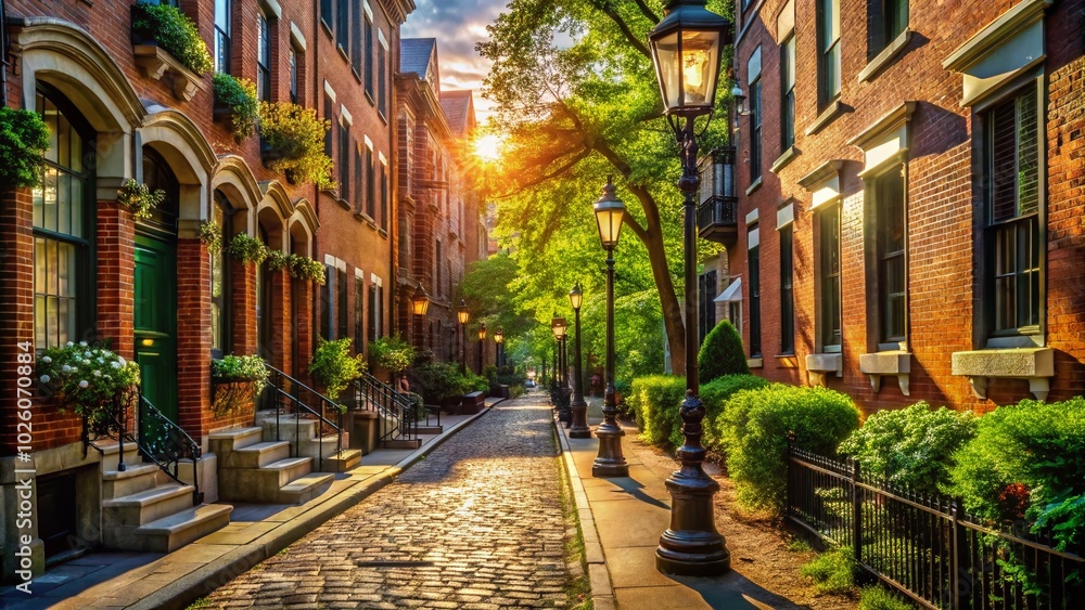 Historic City Street with Brick Buildings - Urban Texture and Architectural Beauty Historic City Street with Brick Buildings - Urban Texture and Architectural Beauty