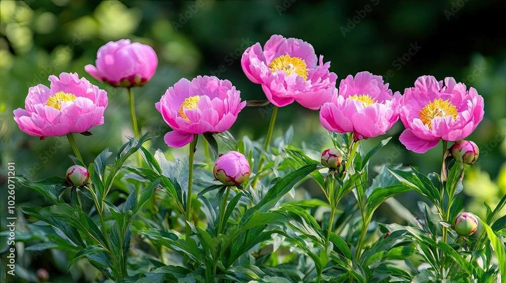 A cluster of pink peonies in full bloom with green foliage and buds. A cluster of pink peonies in full bloom with green foliage and buds.