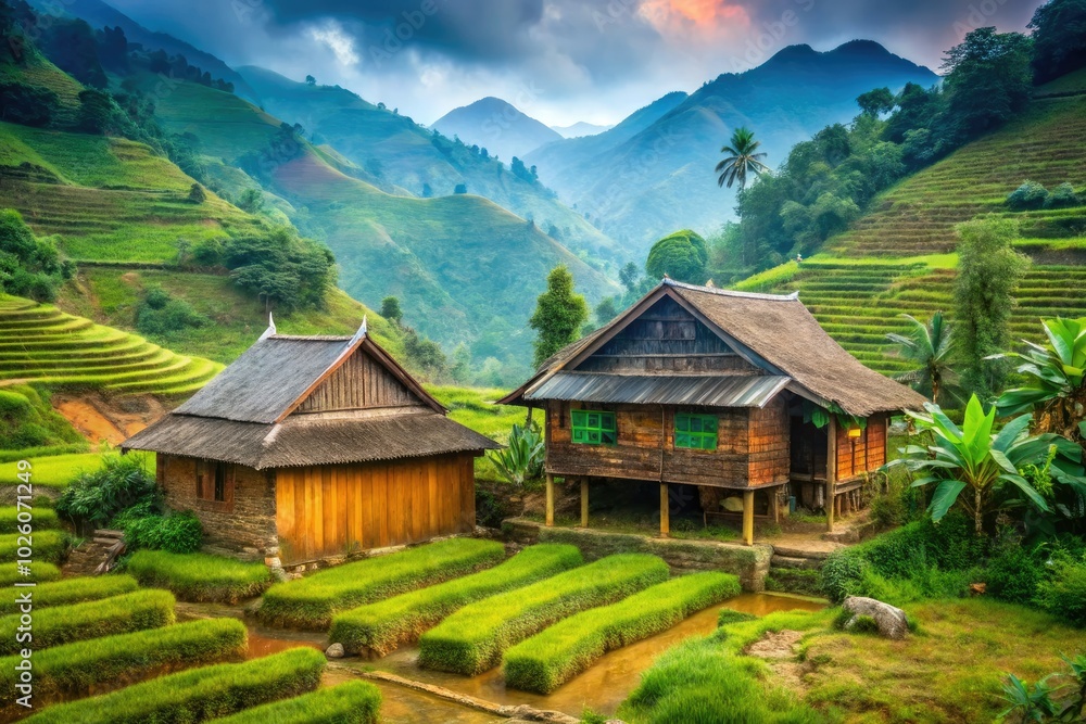 Idyllic rural setting with two traditional houses in an ethnic minority village near Sapa, Vietnam, offering a unique cultural experience and breathtaking natural views. Idyllic rural setting with two traditional houses in an ethnic minority village near Sapa, Vietnam, offering a unique cultural experience and breathtaking natural views.