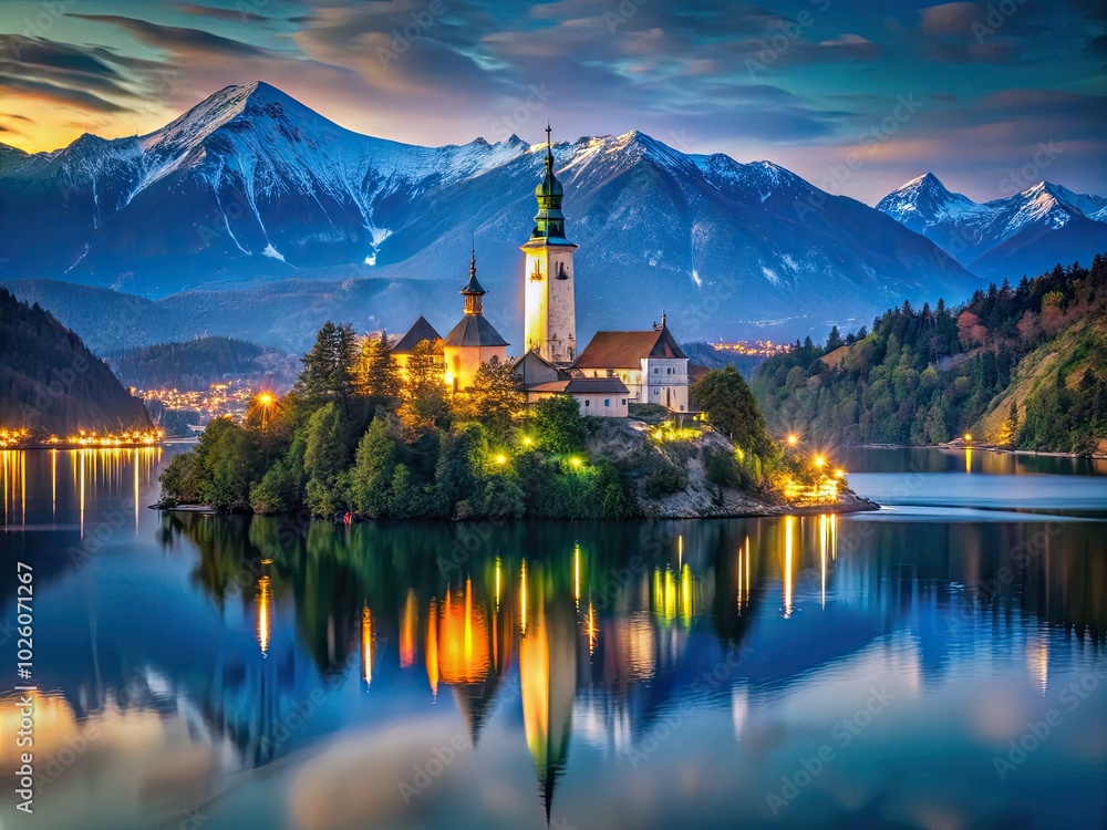 Fototapeta premium Idyllic scene of Lake Bled, featuring the charming island church and an ancient castle, all framed by the breathtaking backdrop of towering Alpine mountains.