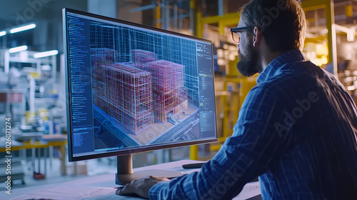 Generative AI, Architect Working on Real-Time BIM Model with Blueprints
