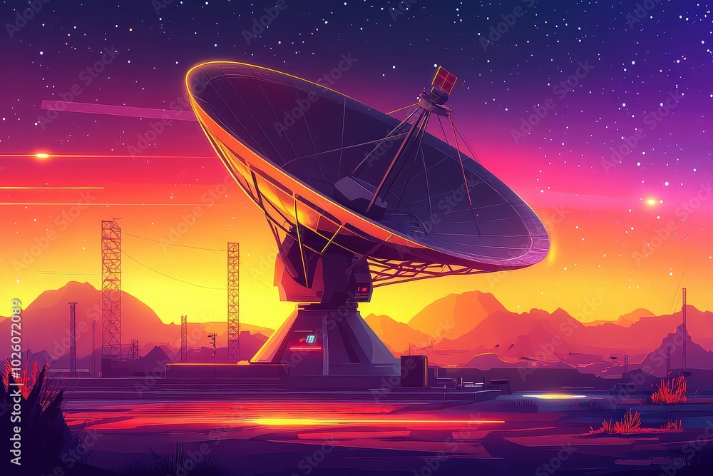 Satellite dish in futuristic desert landscape Satellite dish in futuristic desert landscape