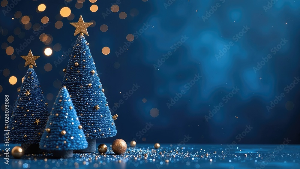 Naklejka premium Blue and gold Christmas tree toys on a dark blue background, Christmas tree, festive atmosphere, free space for text