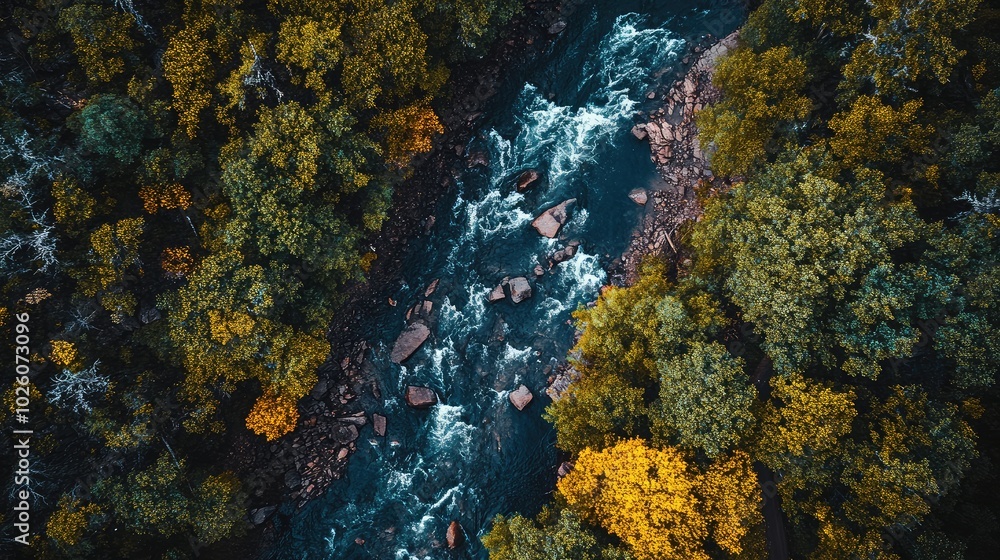 Serene Aerial View of Flowing River Amidst Autumn Trees Serene Aerial View of Flowing River Amidst Autumn Trees