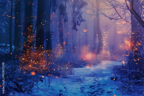 A snowy forest with a tree branch covered in snow, generative ai image