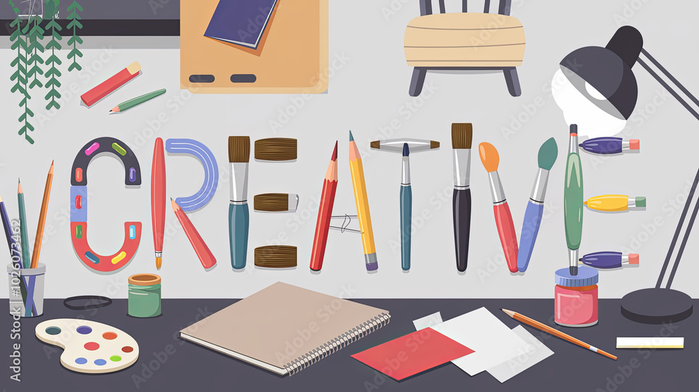 Art supplies spelling out the word CREATIVE on a desk. Art supplies spelling out the word CREATIVE on a desk.