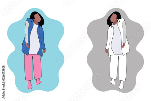 Beautiful pregnant woman, Pregnant women with stretch marks on the stomach. parenthood, Flat vector illustration Hand drawn style