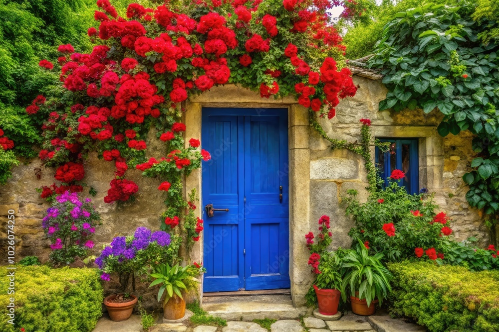 Fototapeta premium In a delightful setting, a bold blue door is embraced by flourishing greenery and vivid red flowers, creating an inviting atmosphere full of charm and warmth.