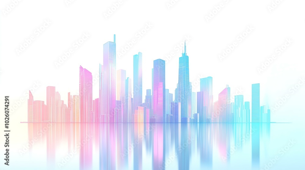 Pastel neon city skyline in a minimalist white environment Pastel neon city skyline in a minimalist white environment