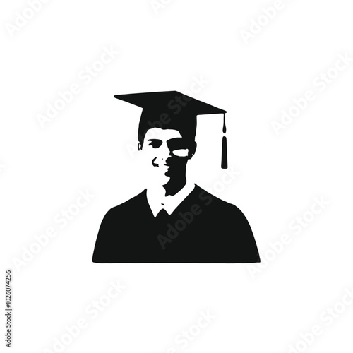 A young Caucasian male graduate wearing a black graduation gown and cap 