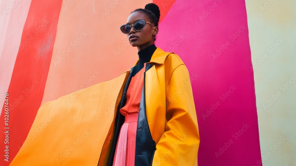 Model in Bold Recycled Fabric Against Colorful Background Model in Bold Recycled Fabric Against Colorful Background