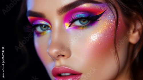 Close-up portrait of woman with vibrant multicolored eye makeup, glitter, and bold eyeliner on radiant skin 