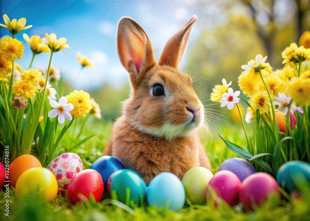 In a lively meadow filled with blooming flowers, a colorful Easter bunny plays amidst beautifully decorated eggs, embodying the spirit of spring and renewal. In a lively meadow filled with blooming flowers, a colorful Easter bunny plays amidst beautifully decorated eggs, embodying the spirit of spring and renewal.