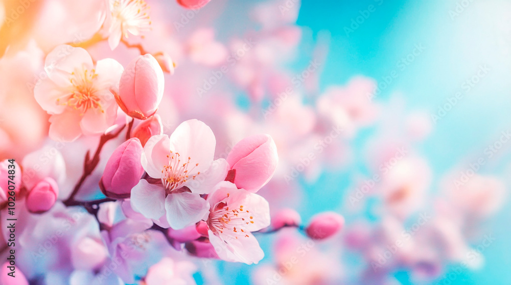 Beautiful pink cherry blossoms on blue sky background in spring time Beautiful pink cherry blossoms on blue sky background in spring time