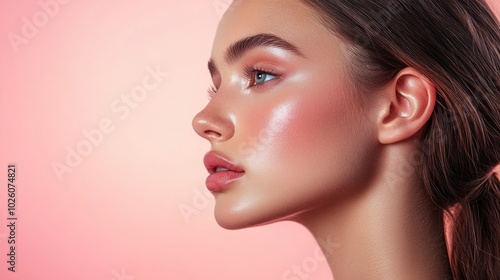 A beautiful woman with a glowing complexion and blue eyes looks to the side. Her long, dark hair is pulled back from her face. The background is a soft pink.