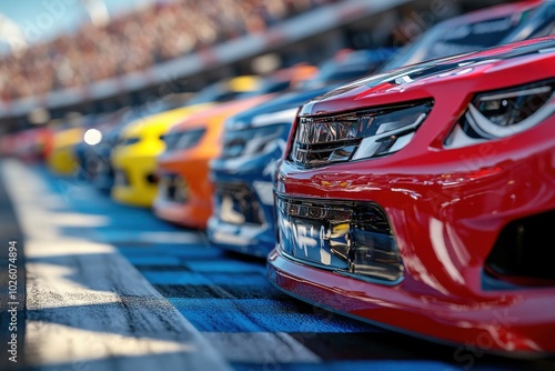 Stock cars lined up at race starting grid photo