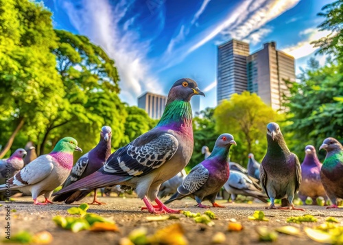 In a lush park, pigeons cluster on the ground, embraced by greenery and the urban backdrop, harmonizing nature with the dynamic city environment. photo