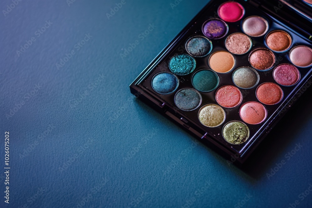 Vibrant eyeshadow palette with various shades on a dark blue surface Vibrant eyeshadow palette with various shades on a dark blue surface